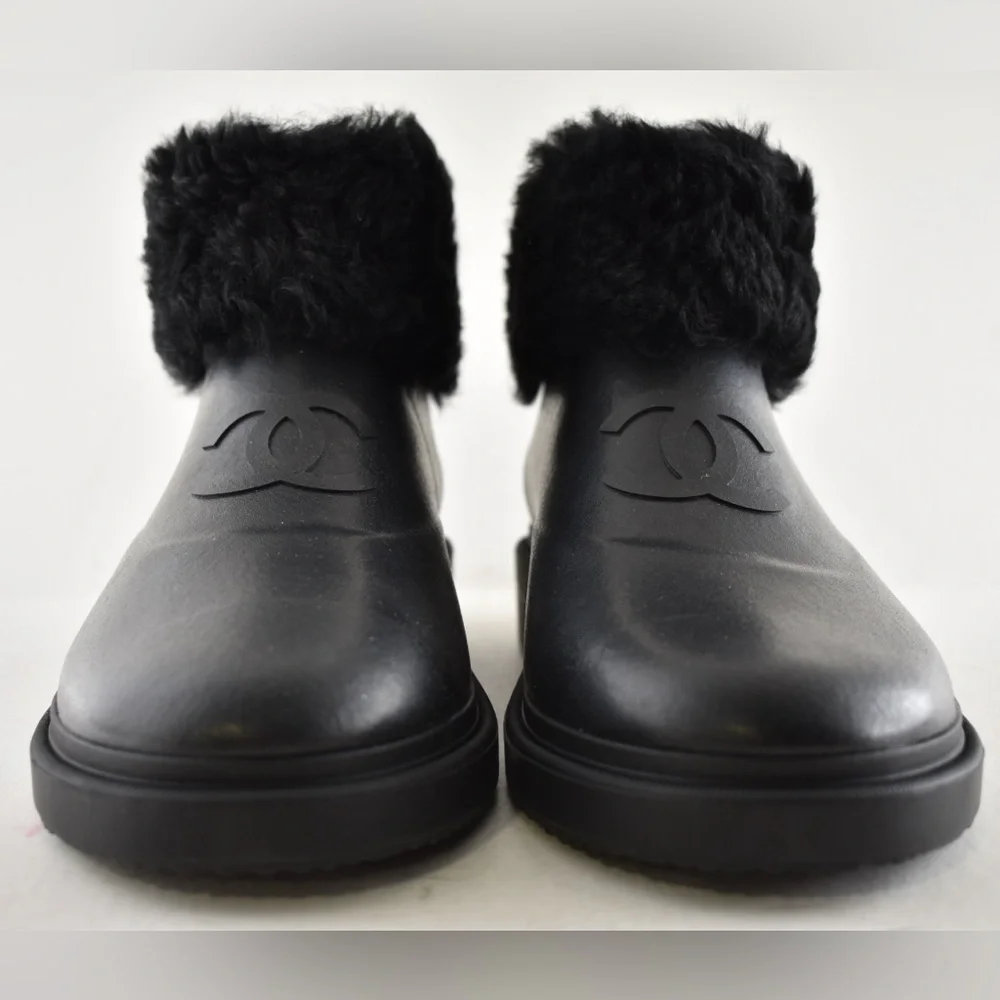 Chanel 24K Black Sheep Shearling Fur Rubber CC Low Top Short Ankle Rain Boots 42 - Picture 6 of 16